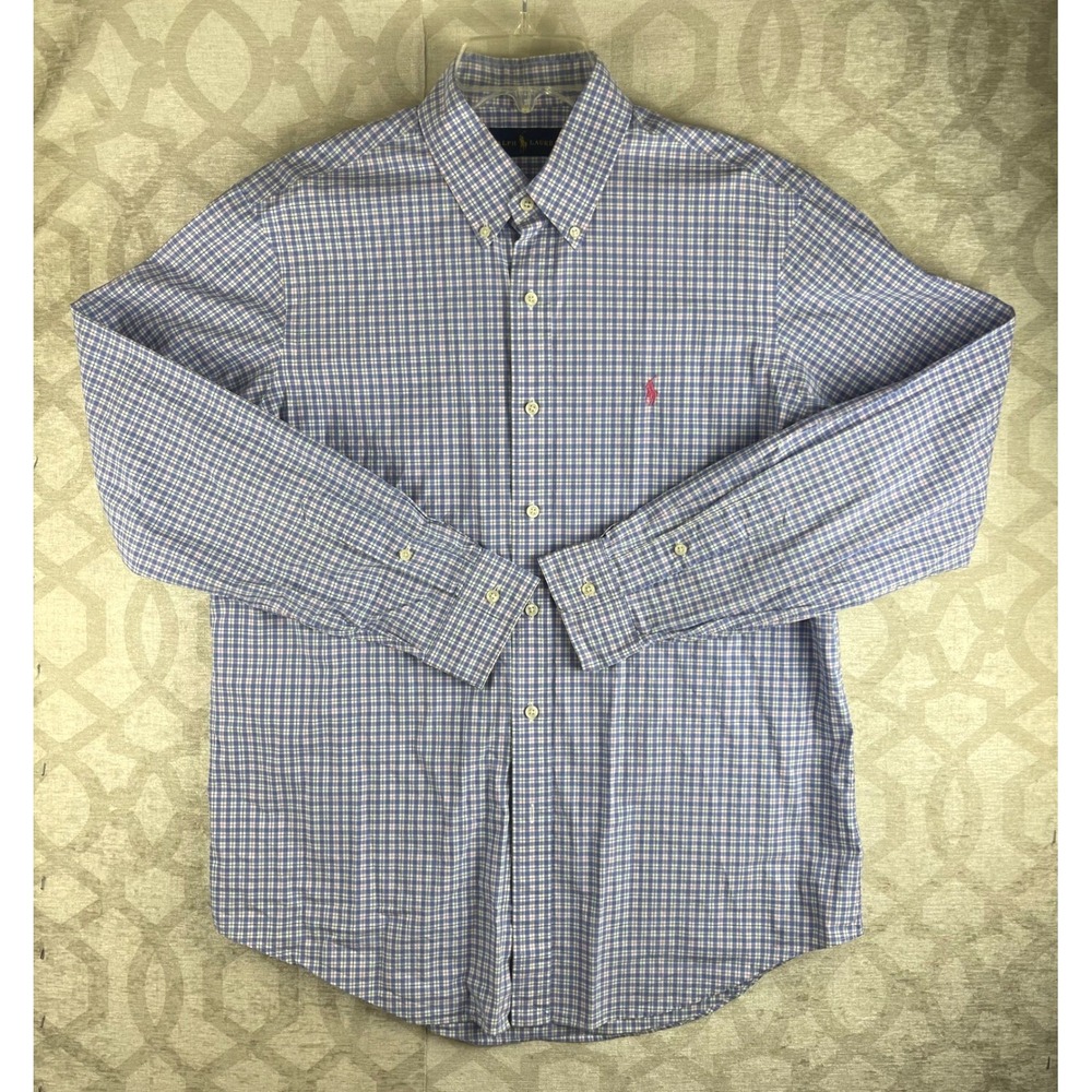 Ralph Lauren Plaid Button Down Mens L Blue White Pink Cotton Long‎ Sleeve Shirt